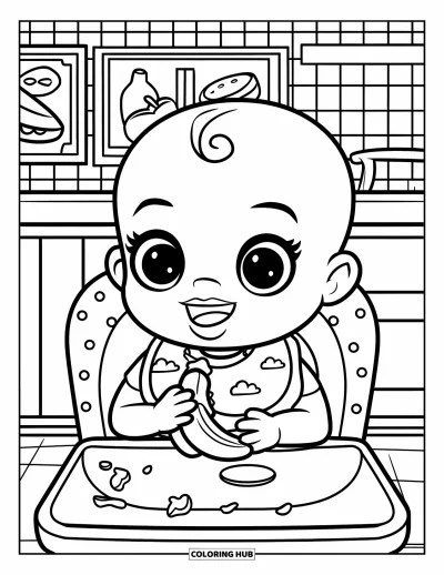 Coloriage de bébé garçon pour enfants : Un bébé avec un bavoir attrape des morceaux de banane assis dans une chaise haute colorée