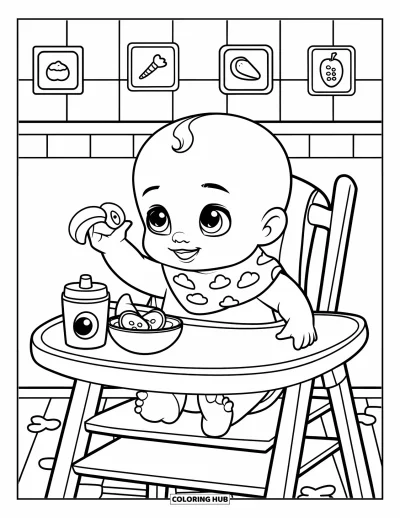 Coloriage de bébé garçon pour enfants : Un bébé dans une chaise haute tend la main vers des fruits, avec des miettes éparpillées sur le sol