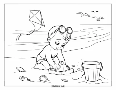 Coloriage de bébé garçon pour enfants : Un bébé en chapeau de soleil construit un château de sable pendant qu'un cerf-volant flotte au-dessus de la plage