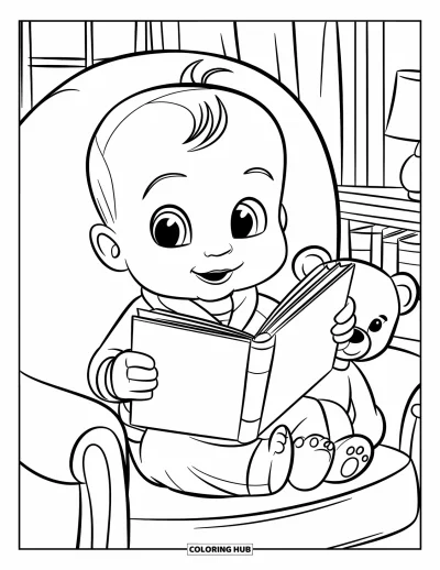 Coloriage de bébé garçon pour enfants : Un bébé en pyjama lit un livre du soir avec un ours en peluche à ses côtés