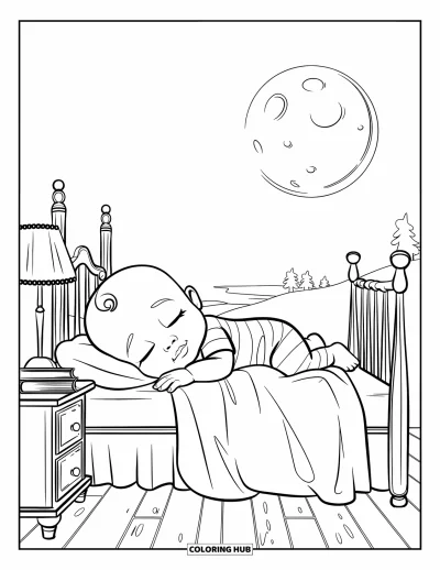 Coloriage de bébé garçon pour enfants : Un bébé couché dans son lit avec une pleine lune brillant par la fenêtre de la chambre