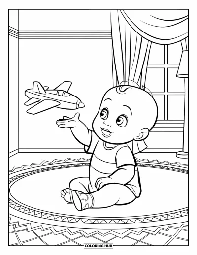 Coloriage de bébé garçon pour enfants : Un bébé soulève un avion en jouet au-dessus de lui assis sur un tapis rayé