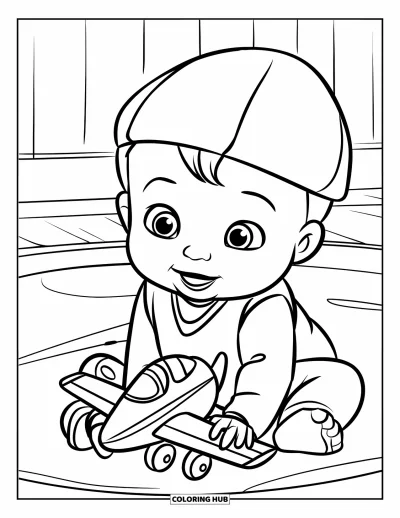 Coloriage de bébé garçon pour enfants : Un bébé joue avec un avion en jouet assis sur un sol moquetté