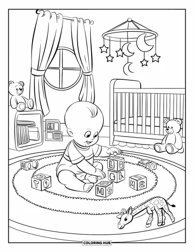 Coloriage de bébé garçon pour enfants : Un bébé joue avec des cubes sur un tapis près de jouets, d'un berceau et d'une fenêtre ronde