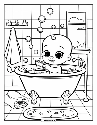 Coloriage de bébé garçon pour enfants : Un bébé joue avec des canards en caoutchouc dans un bain plein de bulles sous une fenêtre avec vue sur des nuages