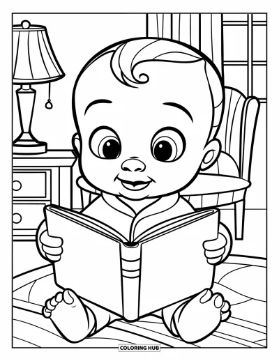 Coloriage de bébé garçon pour enfants : Un bébé lit un livre avant de dormir dans une chambre chaleureuse avec une lampe et une étagère