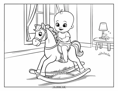 Coloriage de bébé garçon pour enfants : Un bébé chevauche un cheval à bascule dans une chambre douillette remplie de jouets et de murs en bois