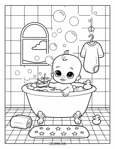 Coloriage de bébé garçon pour enfants : Un bébé assis dans un bain plein de bulles avec des canards et un petit bateau flottant à proximité