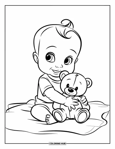 Coloriage de bébé garçon pour enfants : Un bébé assis sur une couverture tient un ours en peluche avec un doux sourire