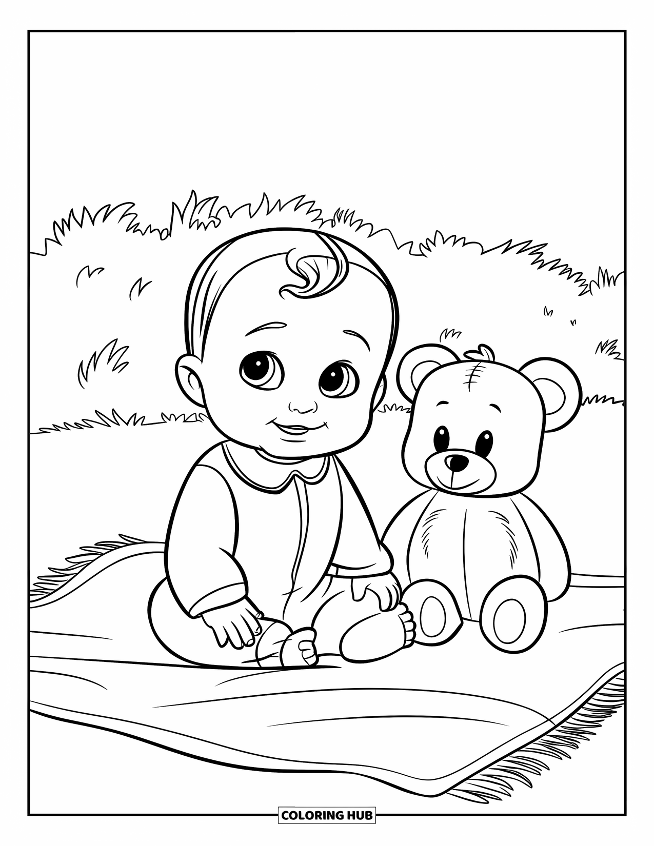 Baby Boy Coloring Page for Kids: A baby sits on a soft blanket cuddling a teddy in a grassy field