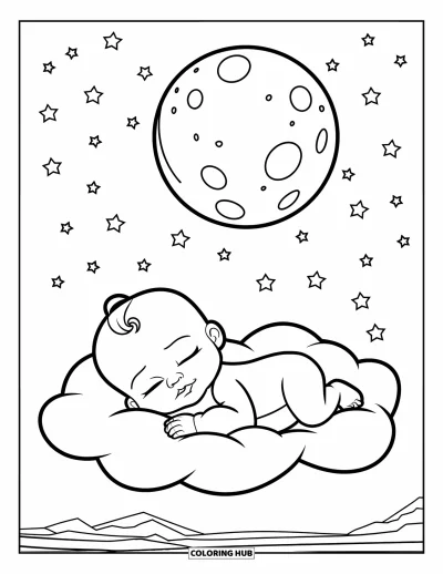 Coloriage de bébé garçon pour enfants : Un bébé dort sur un nuage sous la lune et les étoiles dans un ciel rêveur