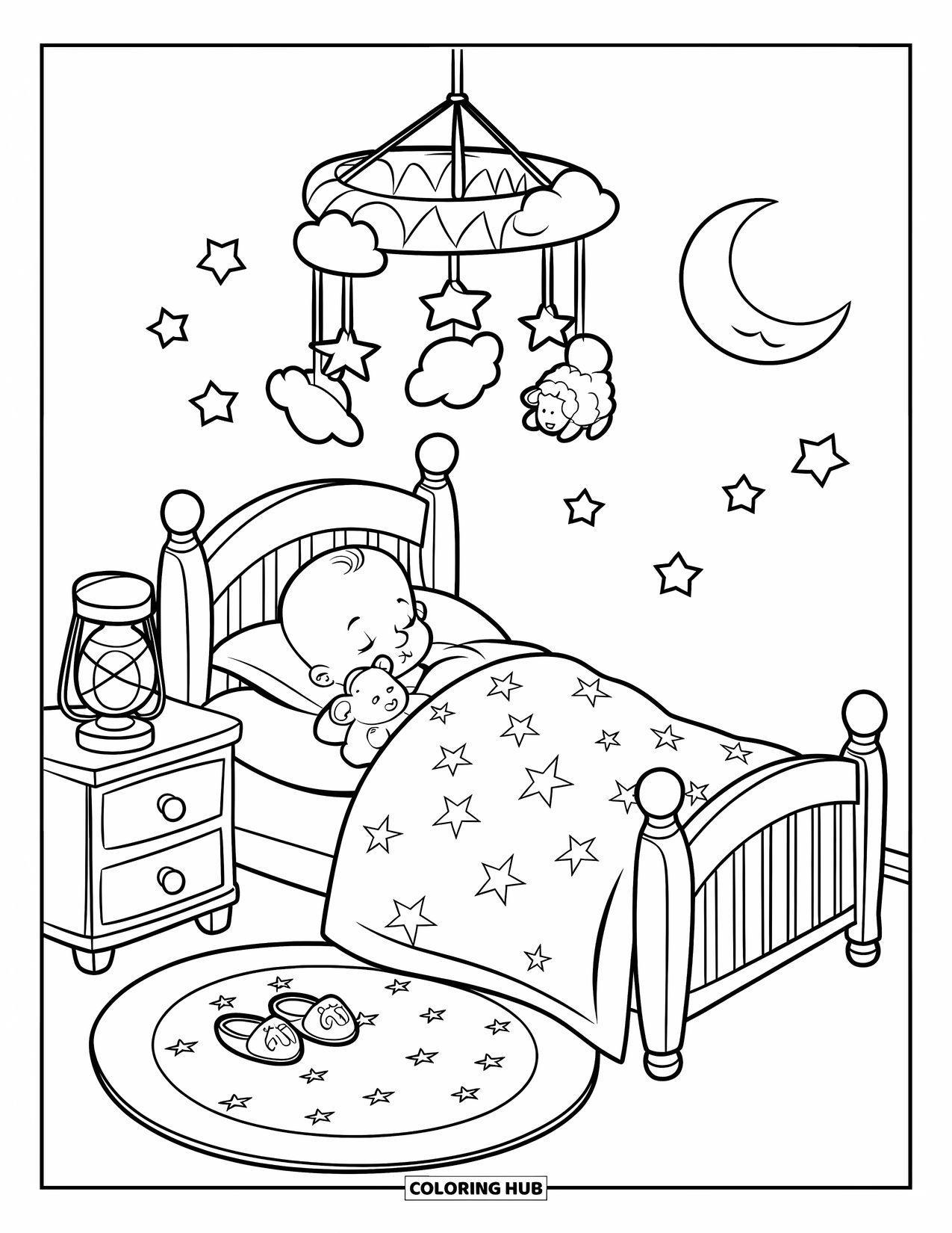 Baby Boy Coloring Page for Kids: A baby sleeps peacefully with his bear under a mobile of stars and sheep