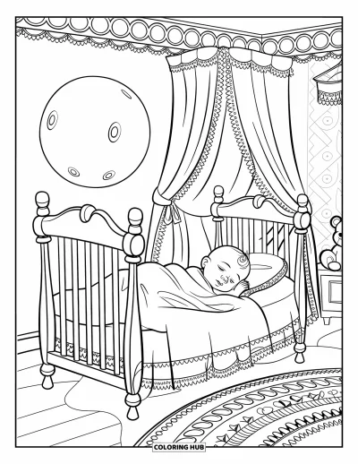 Coloriage de bébé garçon pour enfants : Un bébé dort sous les étoiles avec un ours en peluche et une lune brillante au-dessus de lui