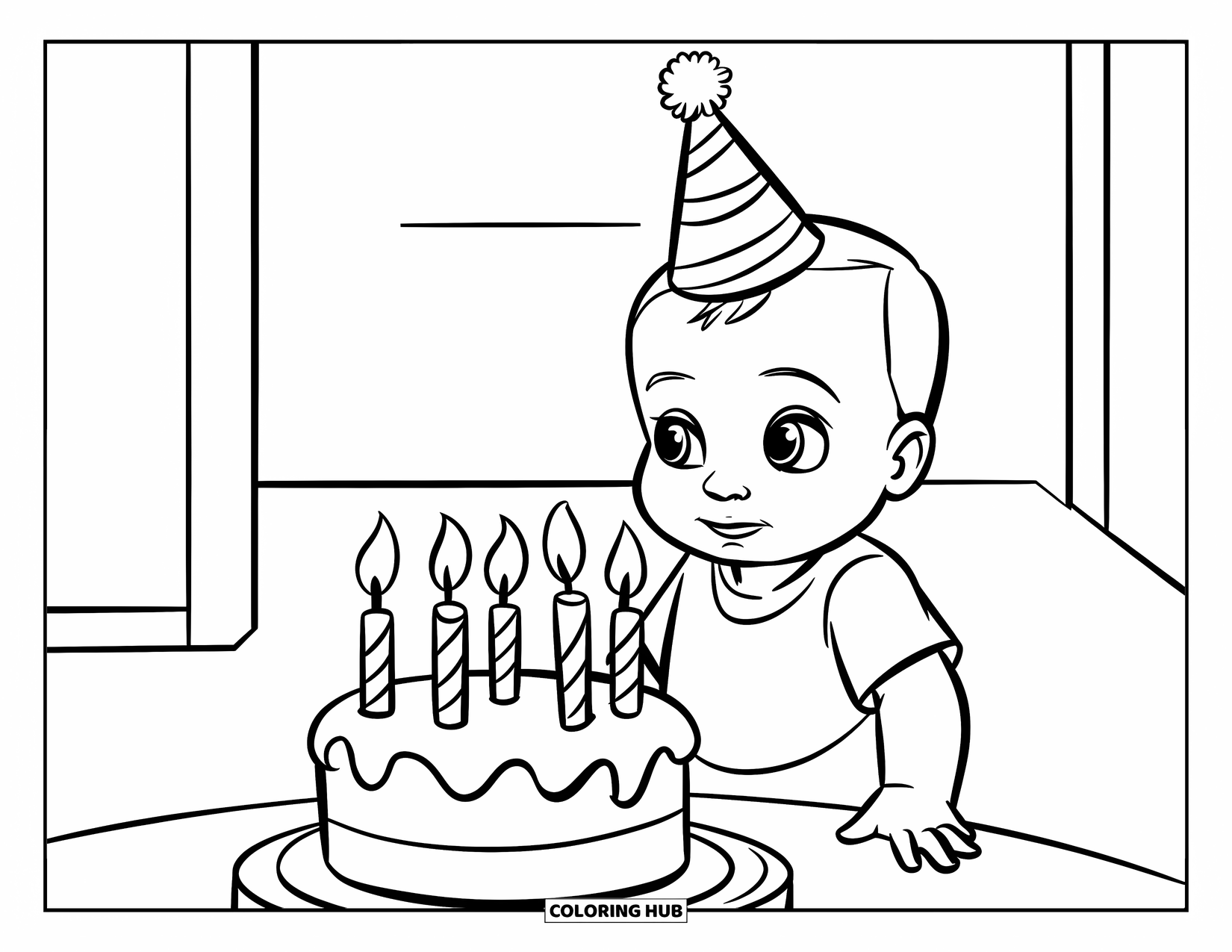 Baby Boy Coloring Page for Kids: A baby smiles beside a cake with candles and wears a pointy birthday hat