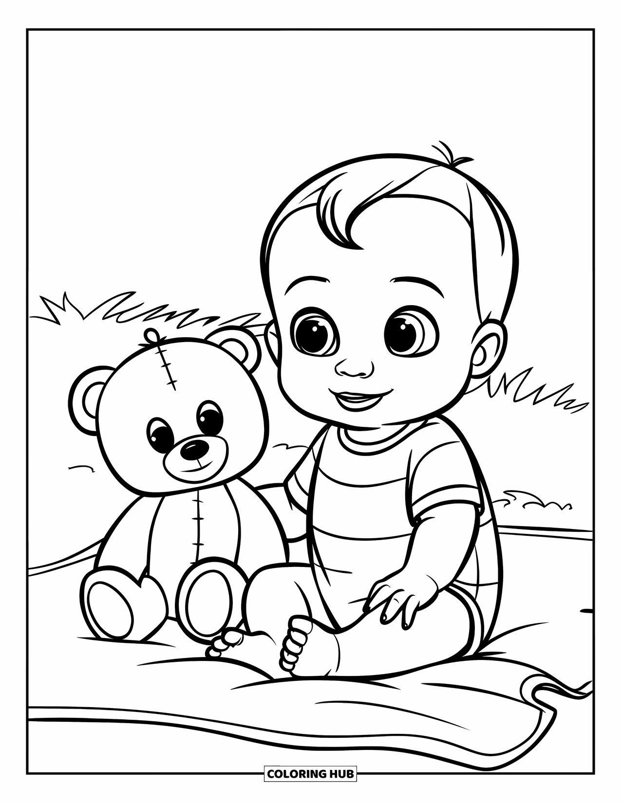 Baby Boy Coloring Page for Kids: A baby smiles while sitting on a blanket with a teddy by his side
