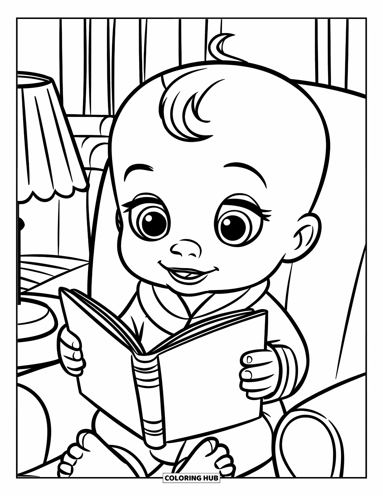 Baby Boy Coloring Page for Kids: A baby snuggles in a chair holding a bedtime book near a soft glowing lamp