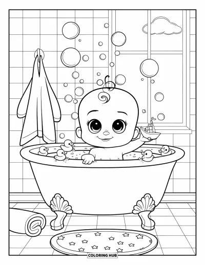 Coloriage de bébé garçon pour enfants : Un bébé s'éclabousse dans une baignoire ronde avec des canards et une bulle qui se pose sur son nez