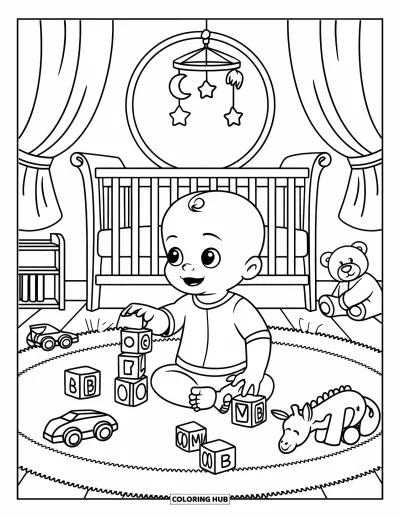 Coloriage de bébé garçon pour enfants : Un bébé empile des cubes sur un tapis entouré de jouets dans une chambre douillette