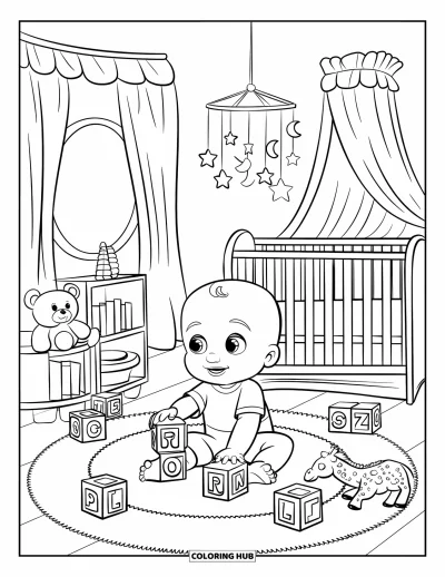 Coloriage de bébé garçon pour enfants : Un bébé empile des cubes par terre près d'un berceau, de jouets et d'une fenêtre ronde