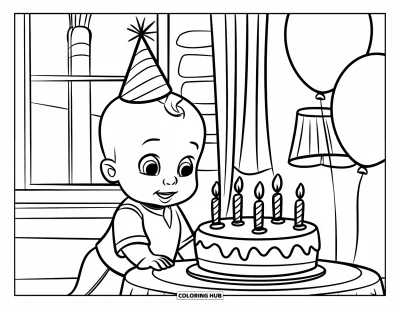 Coloriage de bébé garçon pour enfants : Un bébé se tient à côté d'un gâteau d'anniversaire avec des ballons et des bougies dans une pièce joyeuse
