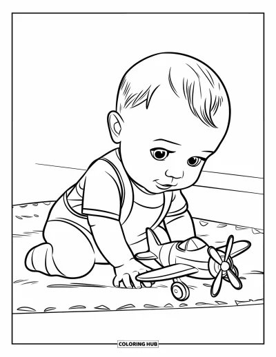 Coloriage de bébé garçon pour enfants : Un bébé agite un avion en jouet dans les airs en étant assis sur la moquette