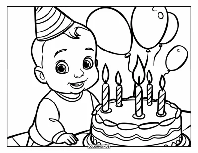 Coloriage de bébé garçon pour enfants : Un bébé fête son anniversaire debout joyeusement à côté d'un gâteau avec des ballons en arrière-plan