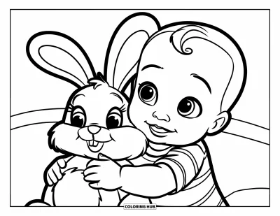Coloriage de bébé garçon pour enfants : Un bébé joyeux serre dans ses bras un lapin en peluche avec une expression chaleureuse et heureuse