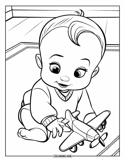 Coloriage de bébé garçon pour enfants : Un bébé souriant joue avec un avion sur un tapis moelleux dans une chambre simple