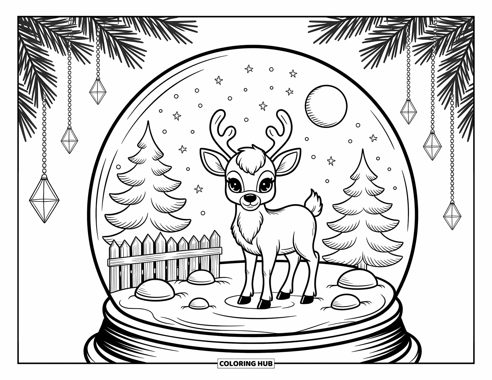 Baby Reindeer Coloring Page for Adults: A baby reindeer glows inside a snow globe framed by pine ornaments