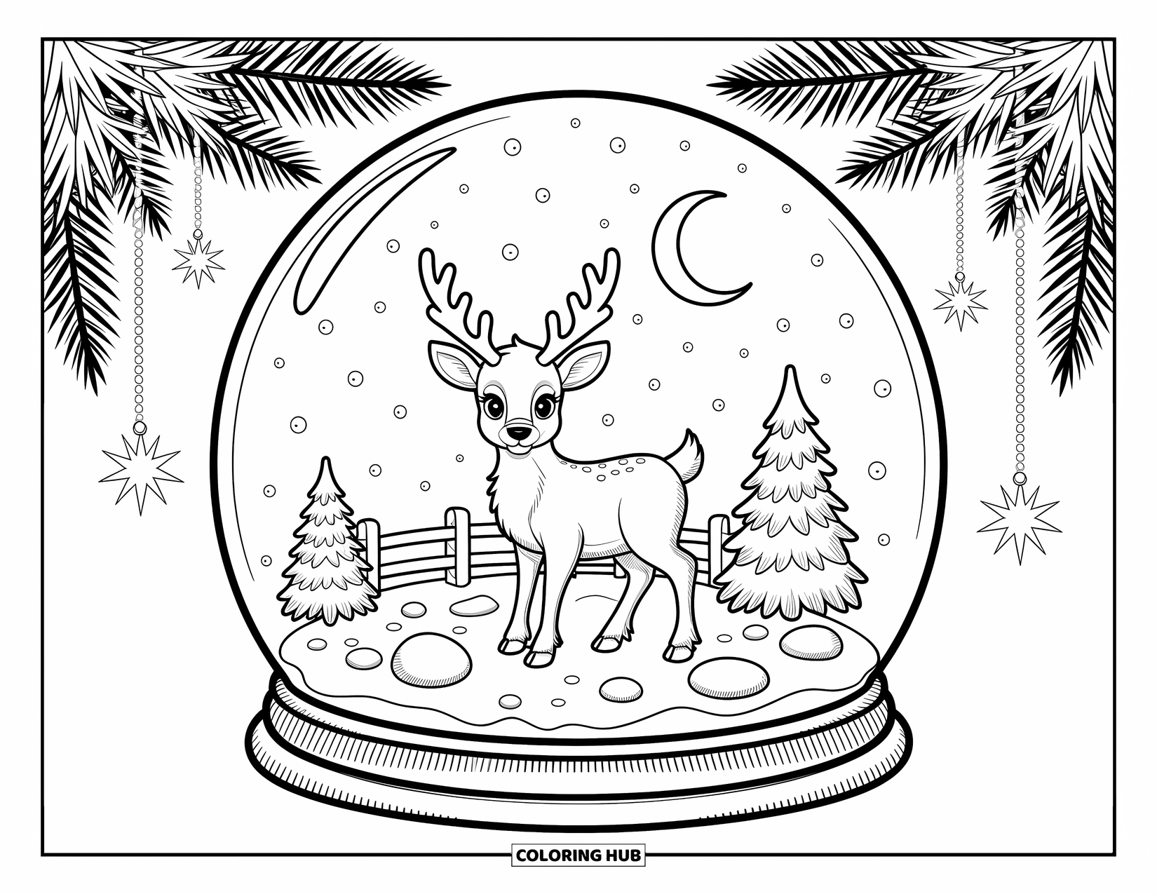 Baby Reindeer Coloring Page for Adults: A baby reindeer stands inside a glowing snow globe under falling snow