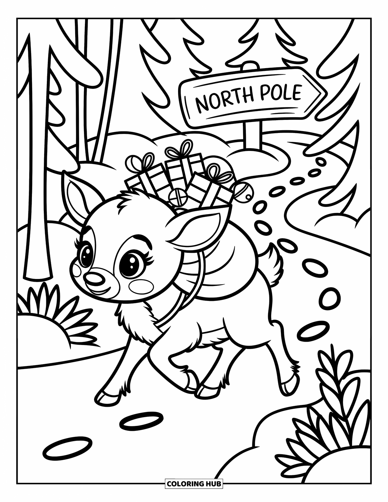 Baby Reindeer Coloring Page for Adults: A cheerful reindeer carries gifts down a snowy path to the North Pole