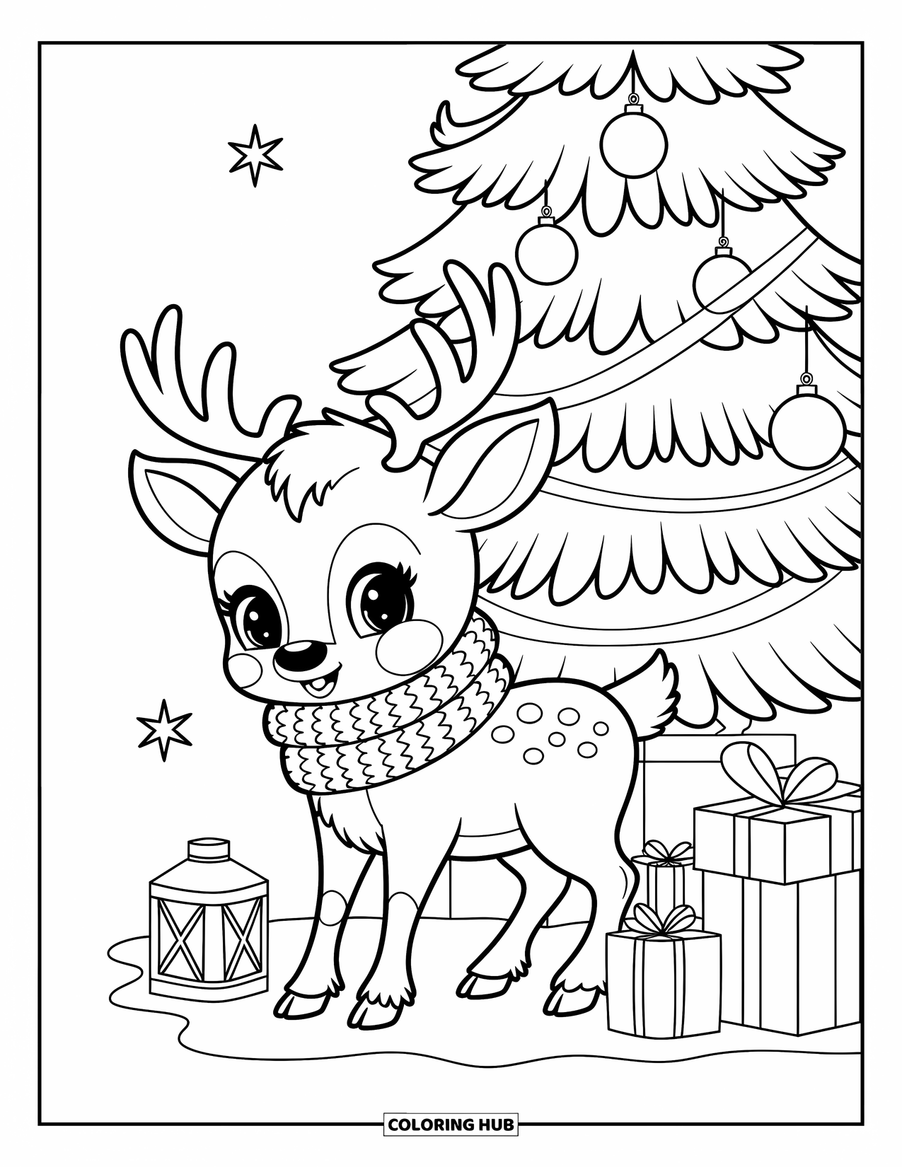 Baby Reindeer Coloring Page for Adults: A cozy reindeer under a decorated tree with gifts and a lantern