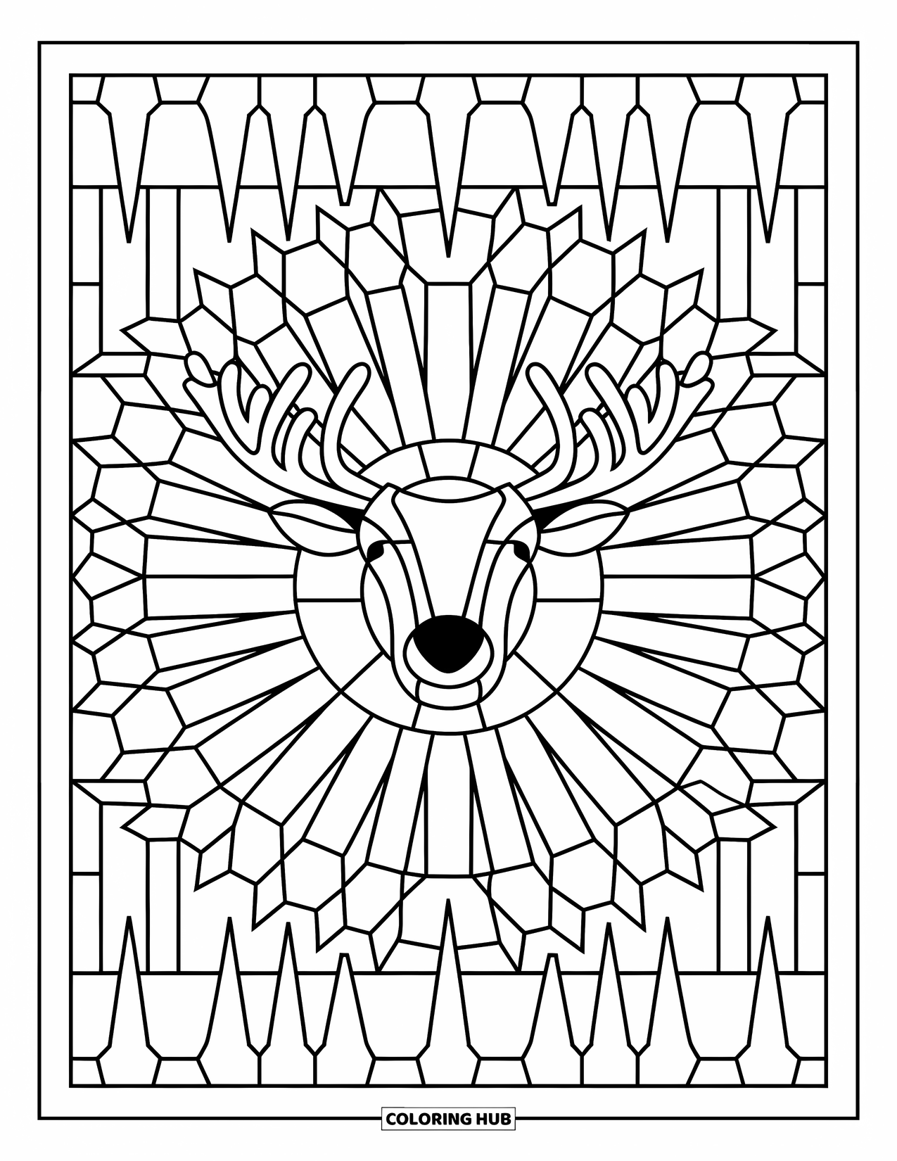 Baby Reindeer Coloring Page for Adults: A reindeer at the center of a geometric stained-glass snowflake design