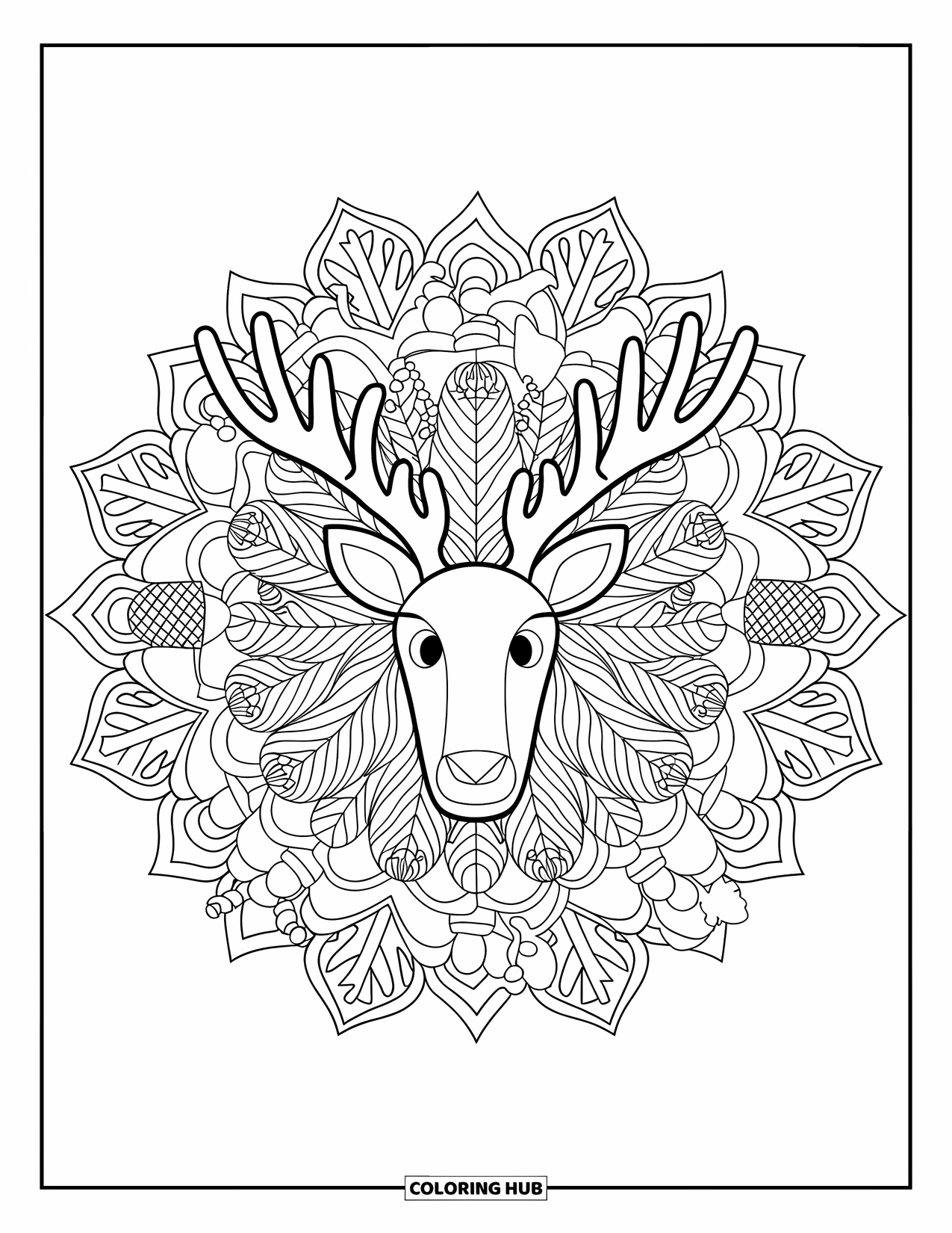 Baby Reindeer Coloring Page for Adults: A reindeer centered in a mandala of pine needles, acorns, and snowflakes