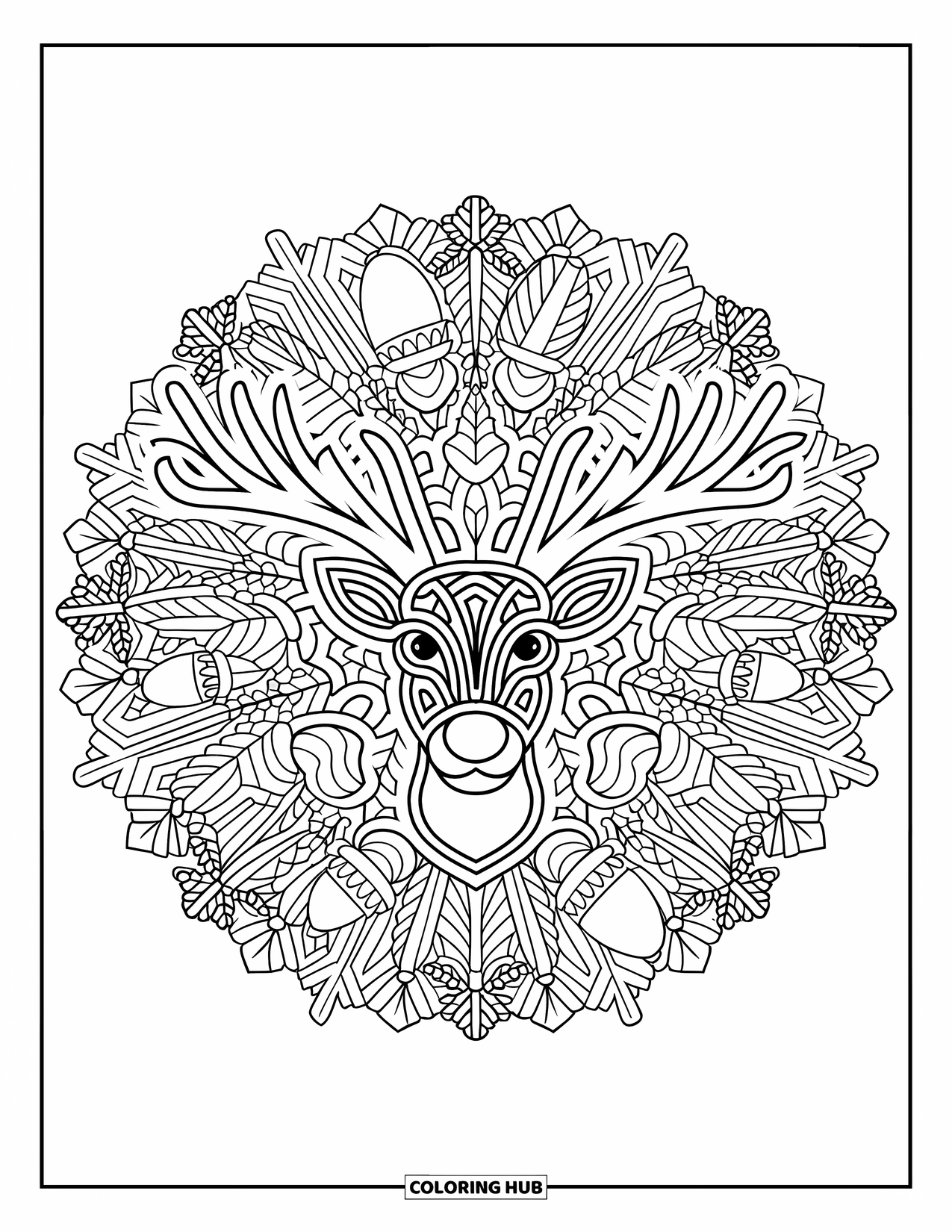 Baby Reindeer Coloring Page for Adults: A reindeer face in a circular mandala filled with pine and acorn designs