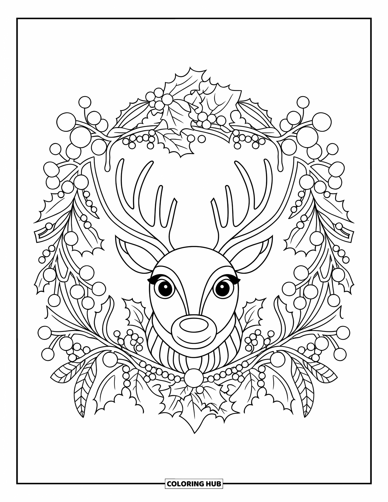 Baby Reindeer Coloring Page for Adults: A reindeer framed by winter berries, holly, and swirling vines
