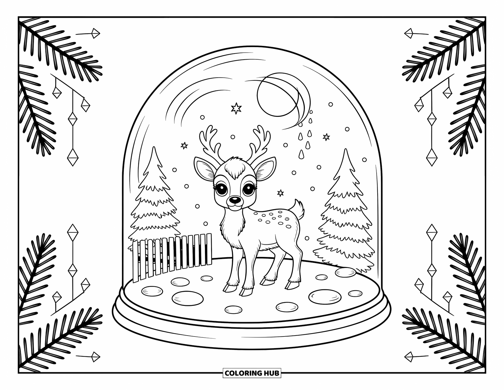 Baby Reindeer Coloring Page for Adults: A reindeer in a snow globe surrounded by trees and crystal ornaments