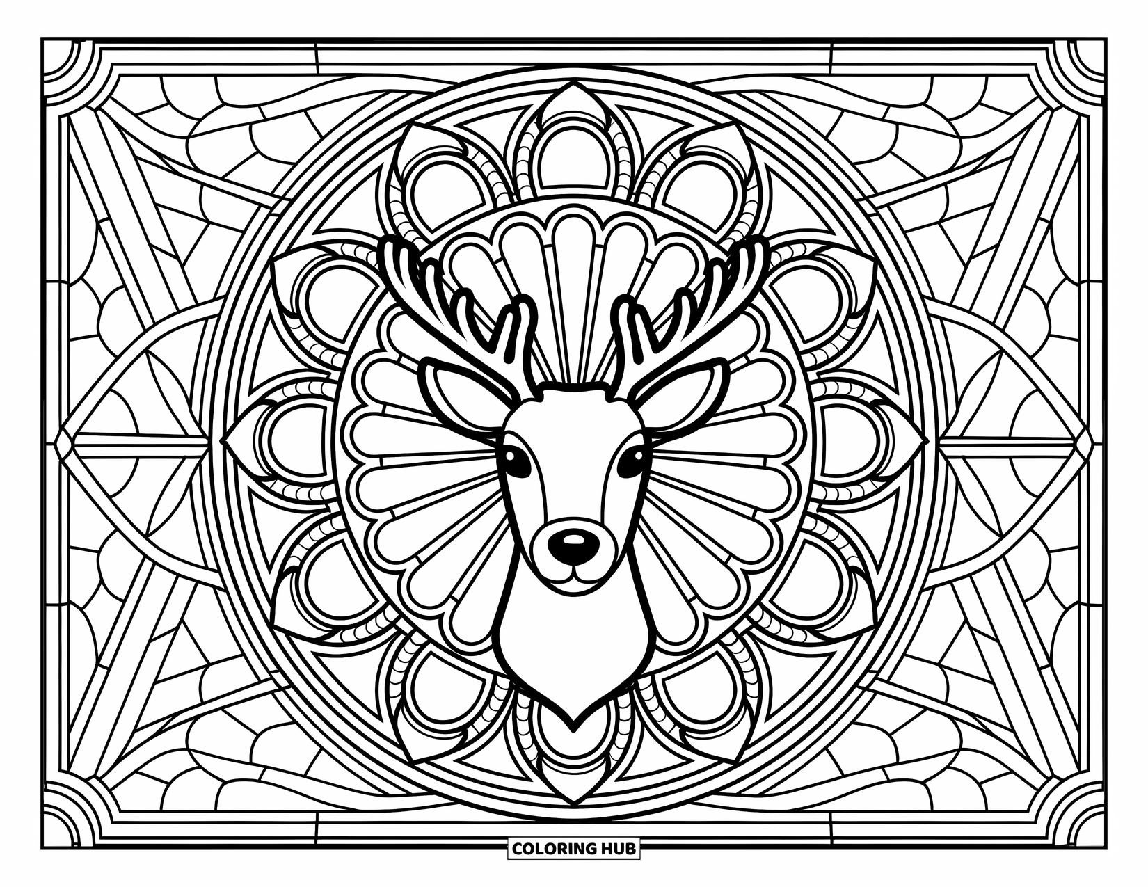 Baby Reindeer Coloring Page for Adults: A reindeer inside a circular rose window with intricate glass details