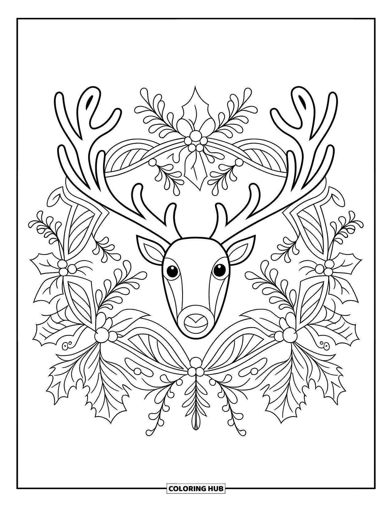 Baby Reindeer Coloring Page for Adults: A reindeer surrounded by floral mandala patterns and holly leaves