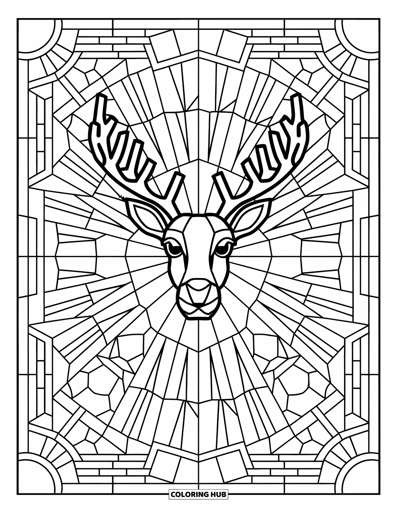 Baby Reindeer Coloring Page for Adults: A reindeer surrounded by radiant glass panels shaped like stars and ice