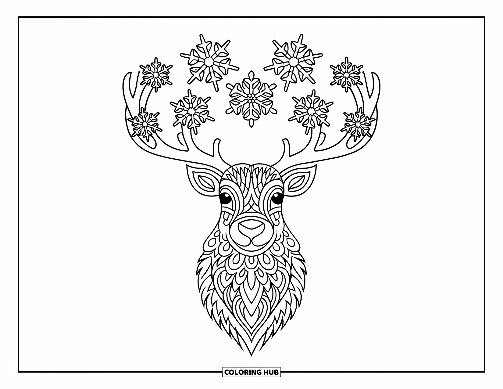 Baby Reindeer Coloring Page for Adults: A reindeer with snowflake mandala antlers on a clean white background