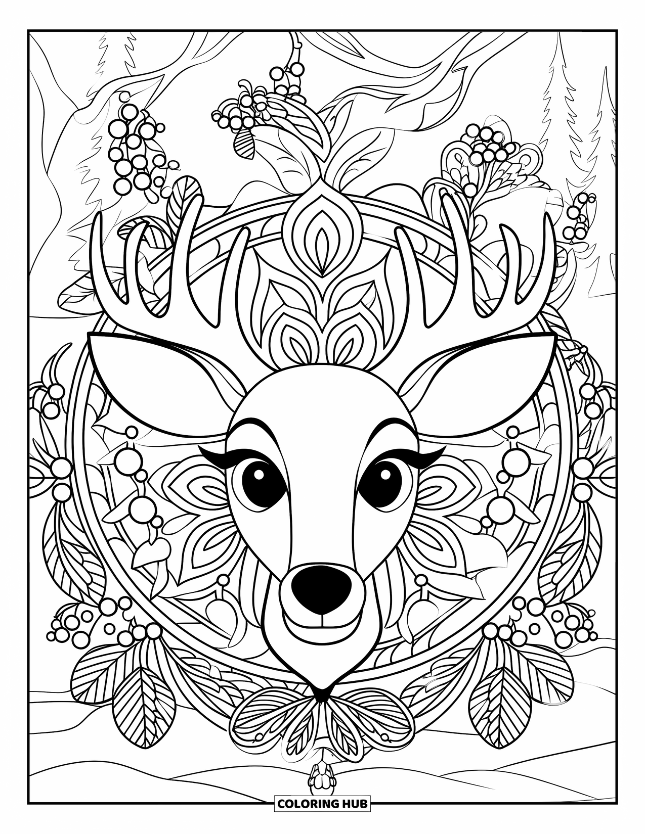 Baby Reindeer Coloring Page for Adults: A serene reindeer within a floral mandala of holly and snowflakes