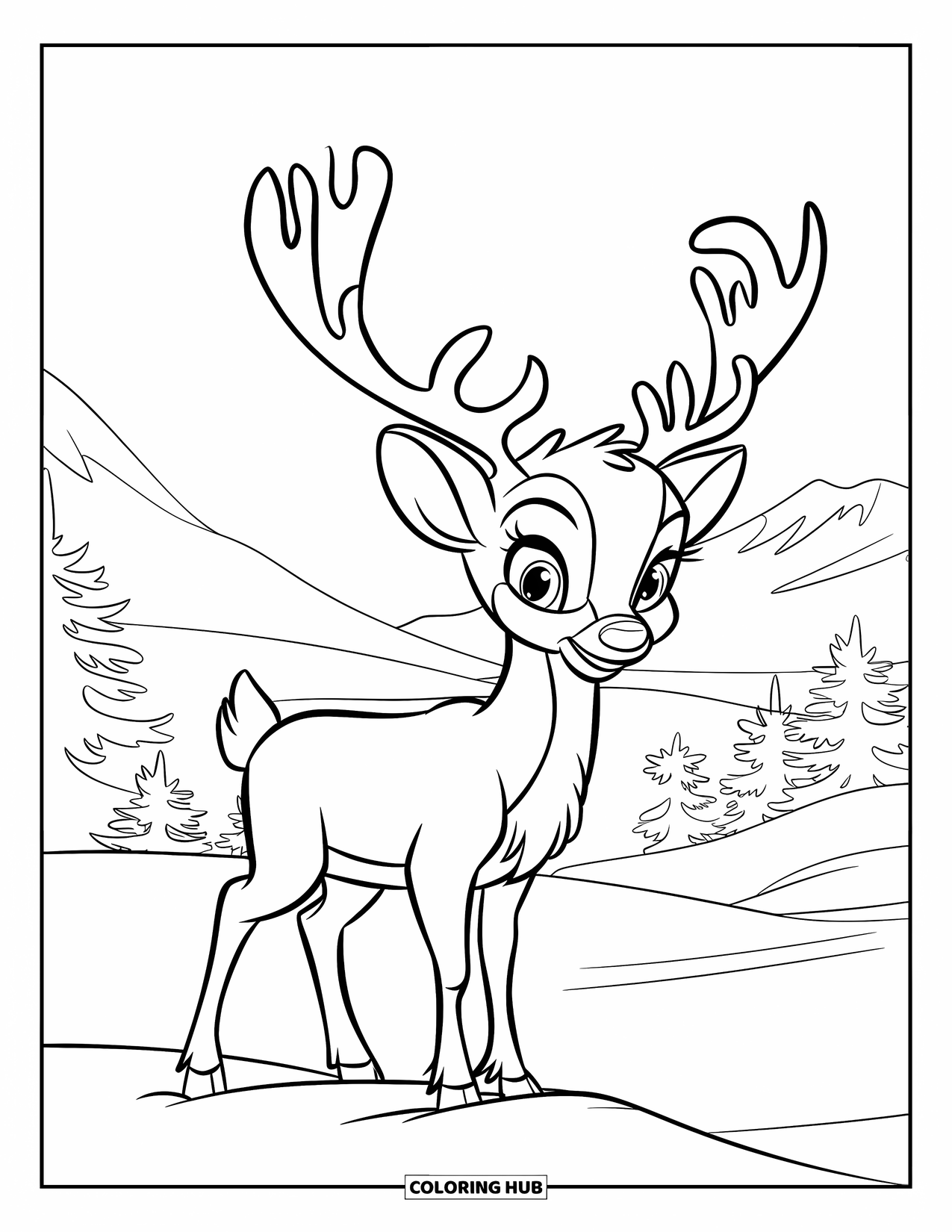Baby Reindeer Coloring Page for Kids: A baby reindeer gazes at a glowing forest from a snowy hill
