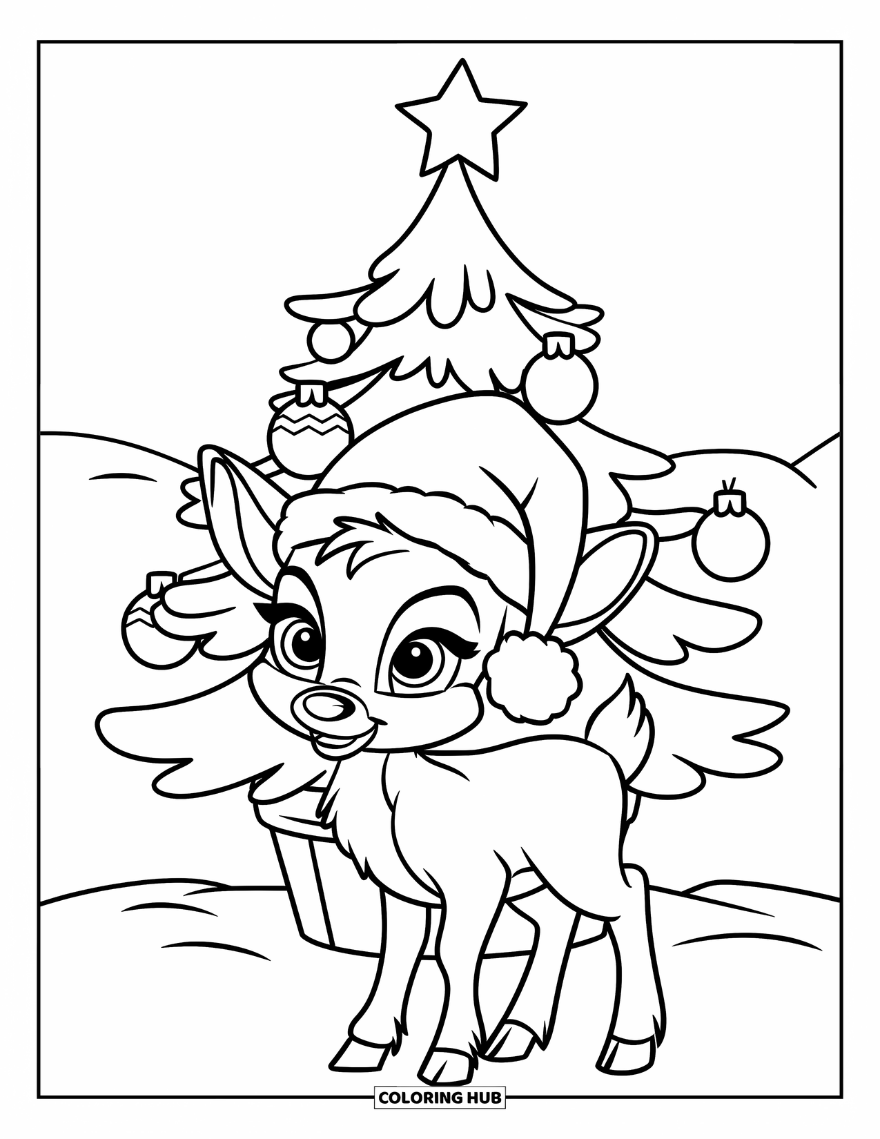 Baby Reindeer Coloring Page for Kids: A baby reindeer in a Santa hat stands under a snowy tree