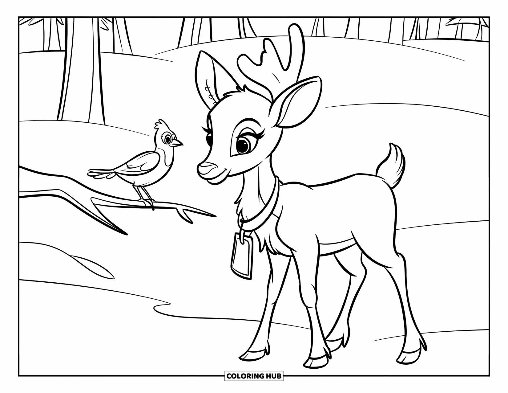 Baby Reindeer Coloring Page for Kids: A baby reindeer looks at a friendly bird in a snowy forest