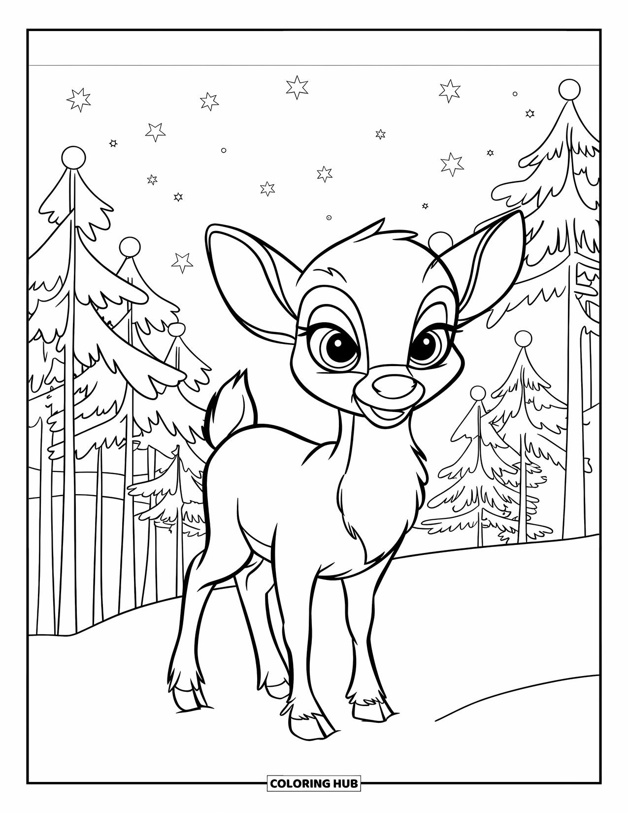 Baby Reindeer Coloring Page for Kids: A baby reindeer looks over glowing trees beneath a starry sky