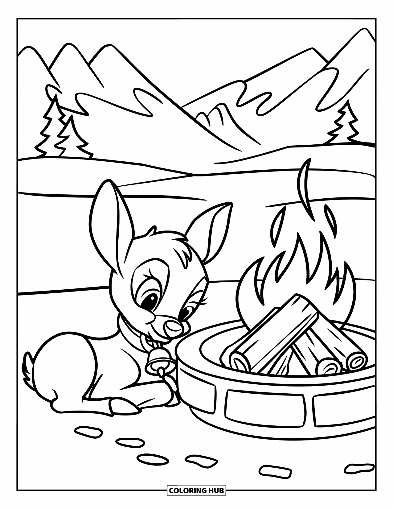 Baby Reindeer Coloring Page for Kids: A baby reindeer naps by a firepit under a winter mountain view