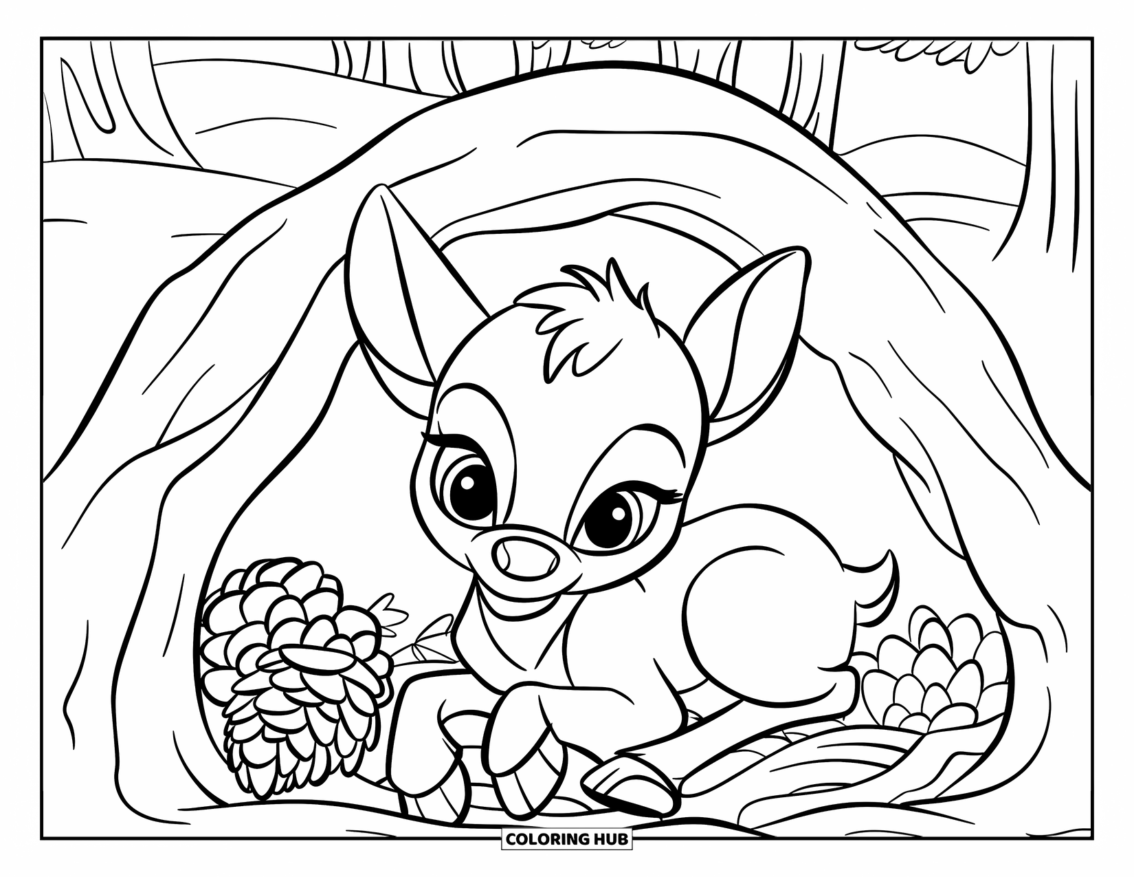 Baby Reindeer Coloring Page for Kids: A baby reindeer rests in a warm den surrounded by pinecones