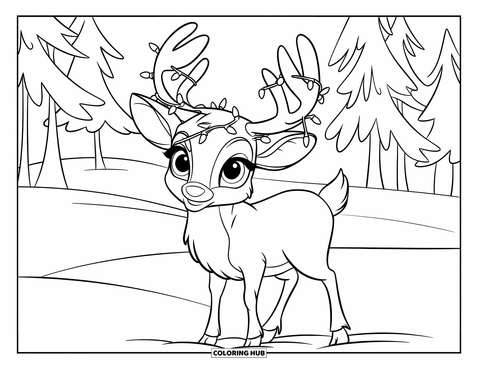 Baby Reindeer Coloring Page for Kids: A baby reindeer stands in the snow with glowing string lights