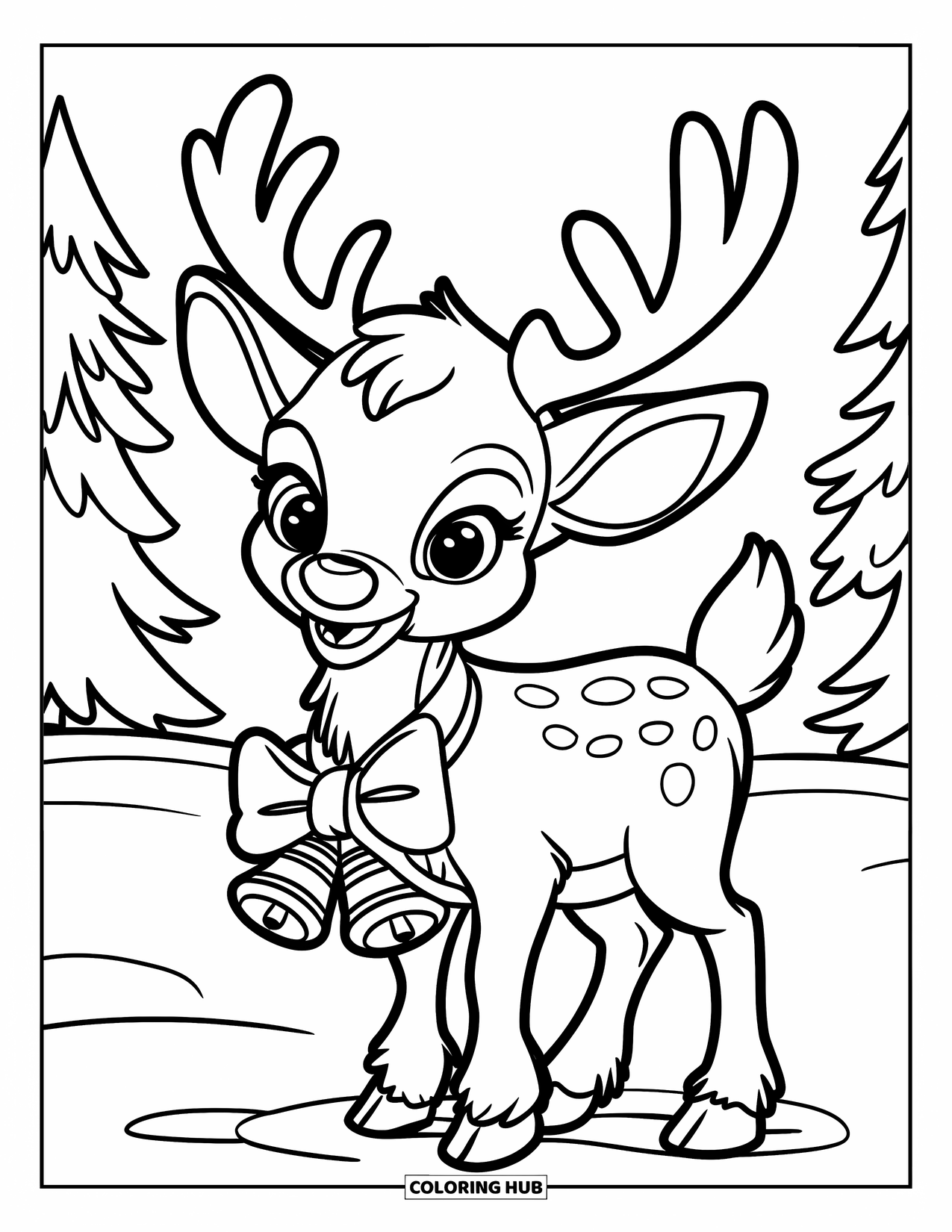 Baby Reindeer Coloring Page for Kids: A baby reindeer wears bells and a bow in a snowy clearing